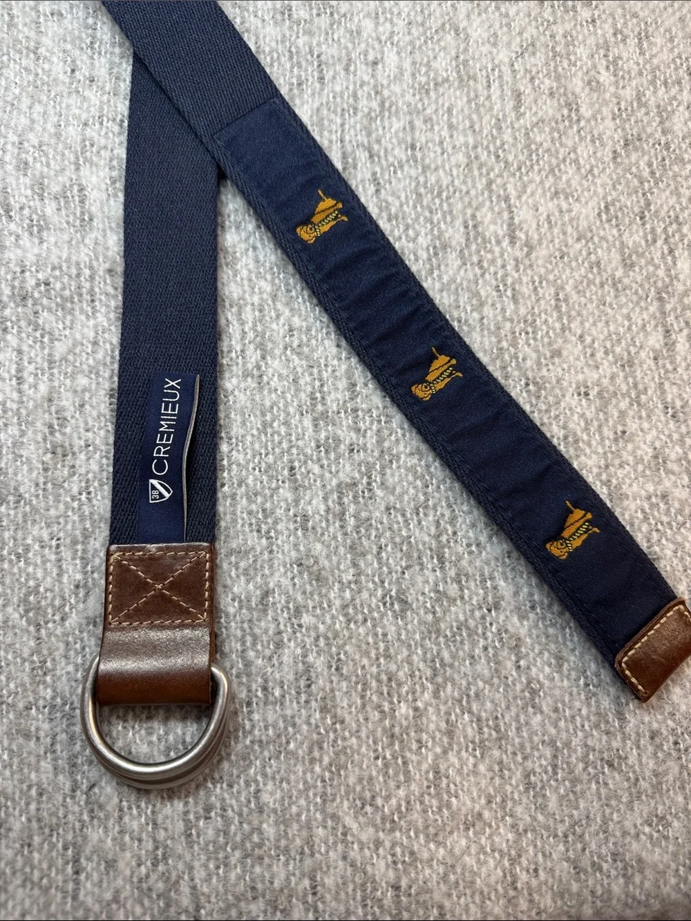 Cremieux Men's Navy Embroidered Canvas Belt with Brown Leather Accents Size L/XL